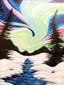 snowy scene with northern lights in the sky