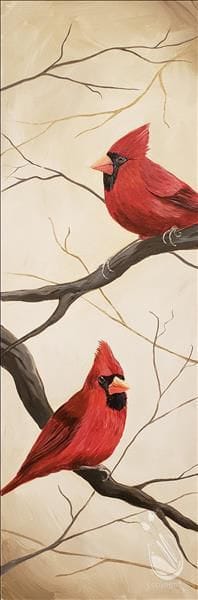 Two male cardinals on branches