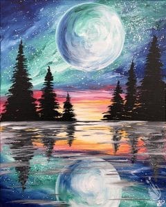 Painting of full moon reflecting on water