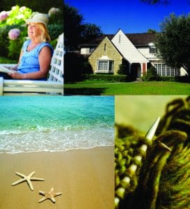 collection of images of a woman seated on a bench, a house, the beach, and knitting
